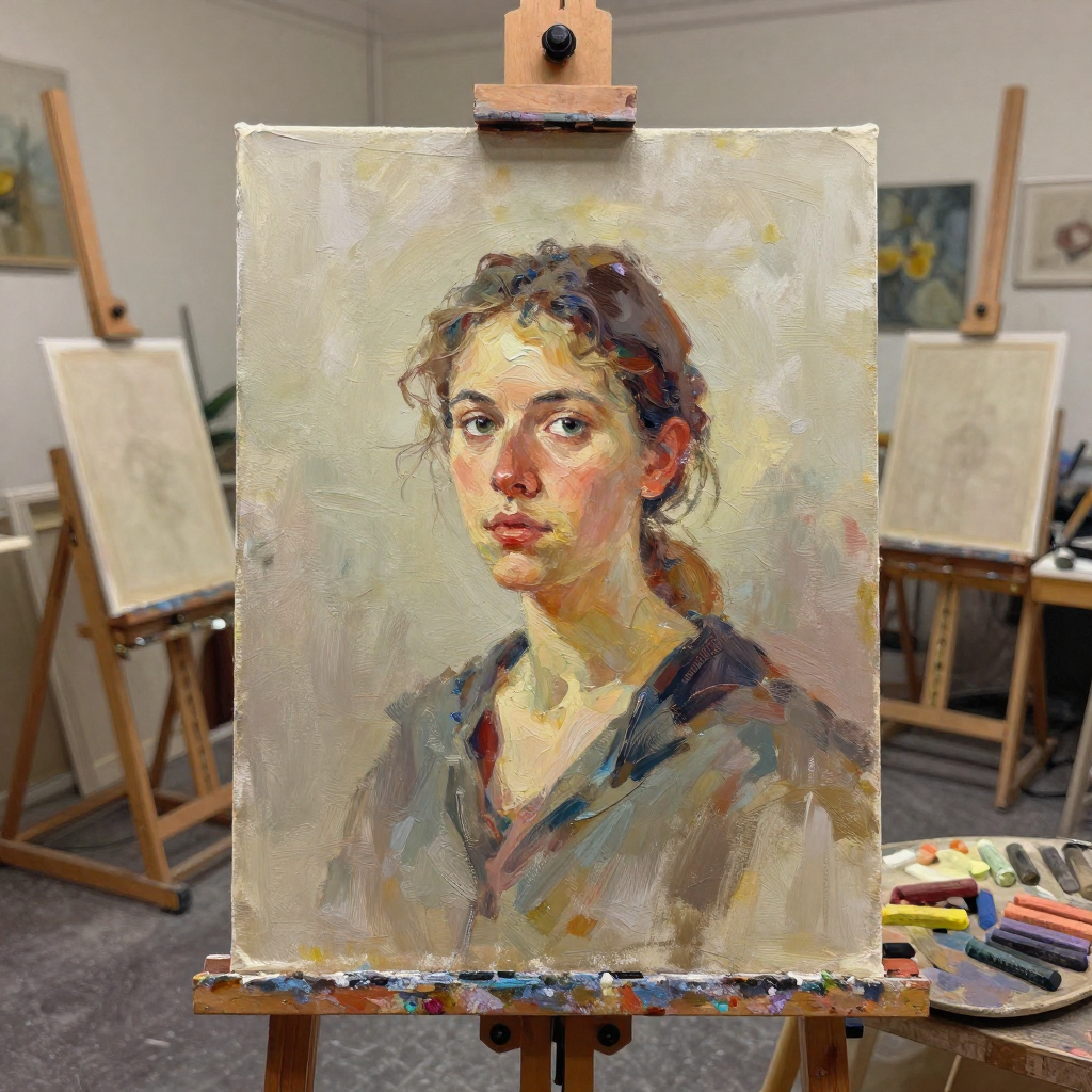 Student working on a painting with brushes and sketchbook