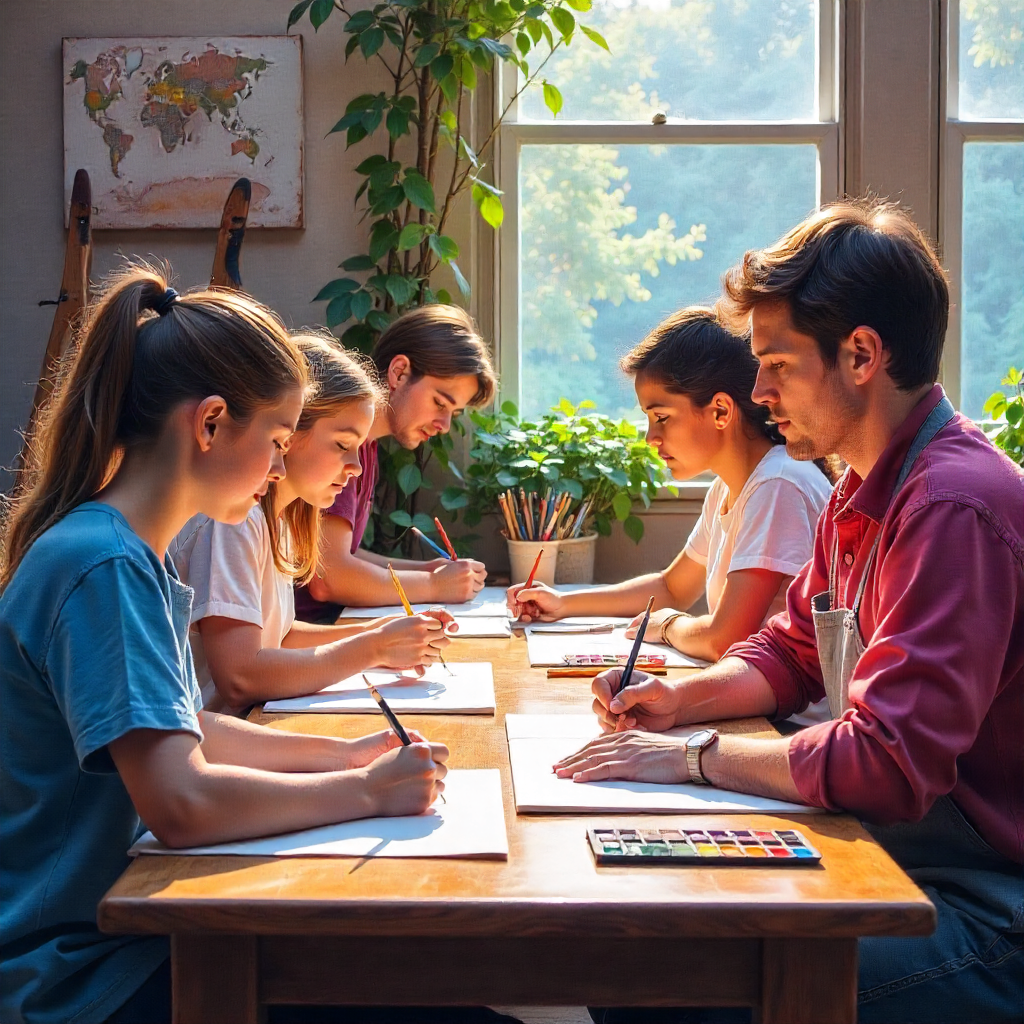 Adult students painting together in a bright studio